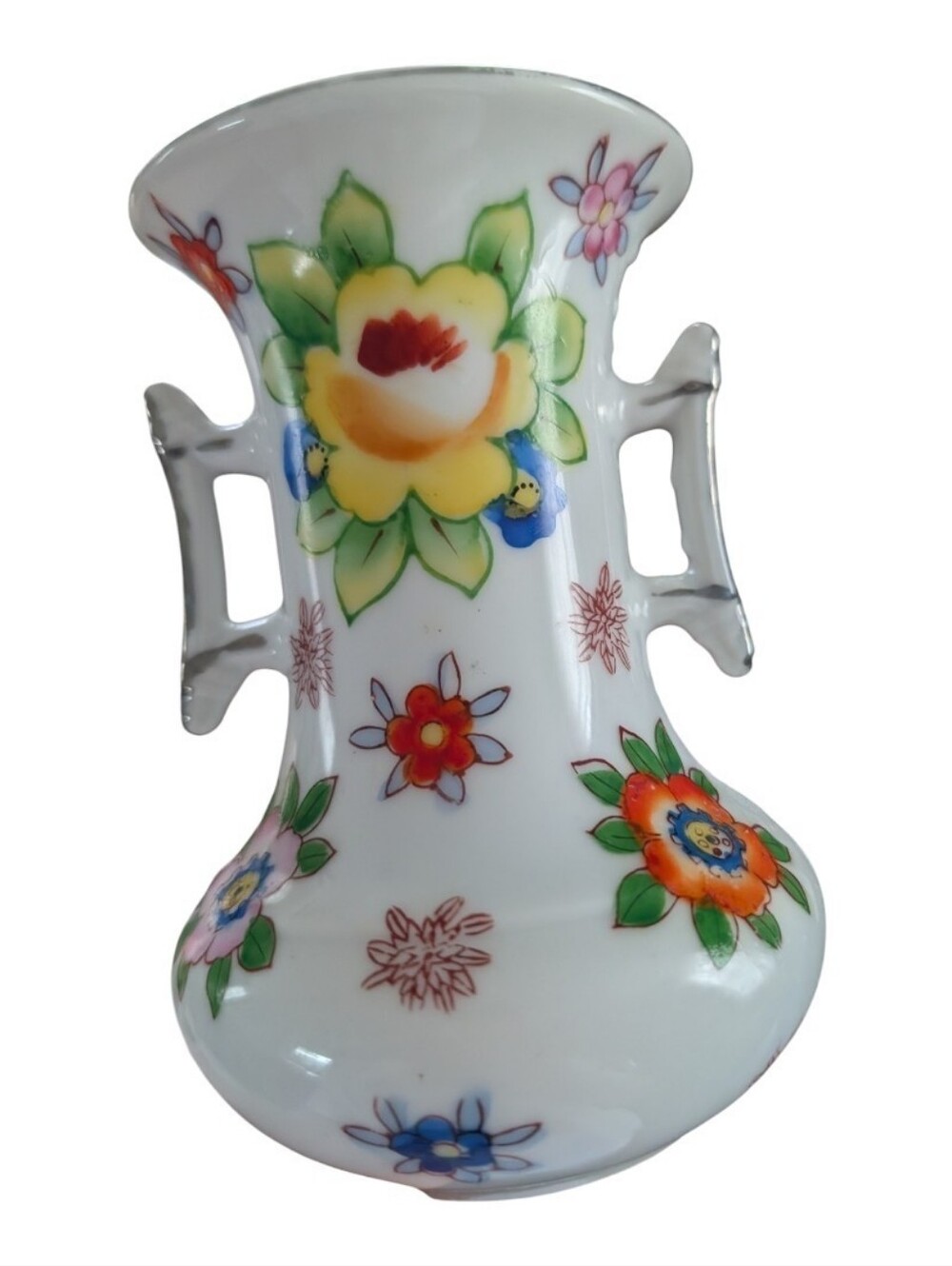 Red‎ Letter Japan Porcelain, 2 Handled Vase , Hand Painted Floral Design